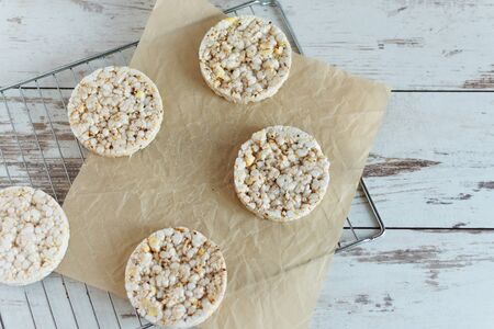 Healthy puffed rice waffles for diet. Rice cakes as a healthy eating concept. Copy space.の写真素材