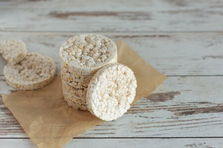 Healthy puffed rice waffles for diet. Rice cakes as a healthy eating concept. Copy space.の写真素材