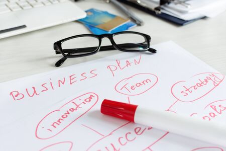 Business plan idea sketch with strategy and chart. Business planning concept. Workplace.