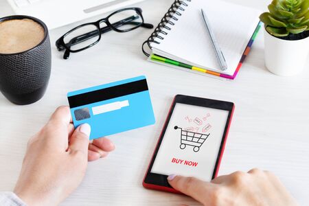 Female hands using smart phone for online shopping. Online shop, sale concept.
