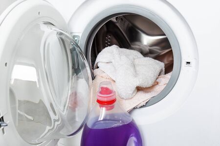 Washing machine and laundry detergent gel for washing. Household. Washing clothes.の写真素材