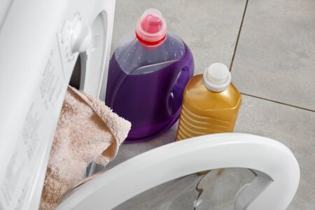 Washing machine and laundry detergent gel for washing. Household. Washing clothes.の写真素材