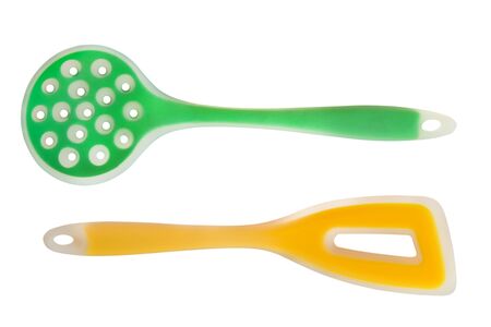 Kitchen colorful utensils isolated on white background. Cooking equipment.の写真素材