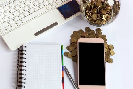 Save money concept. Blank note. Cash calculation. Top view. Mockup for design.の写真素材