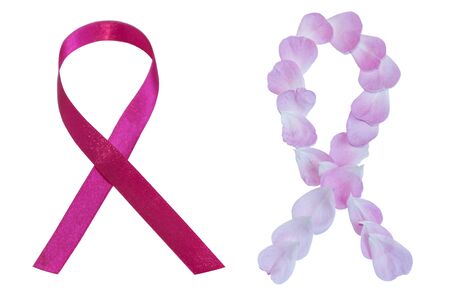 Pink ribbon and flower petals symbol of cancer isolated on white background. Cancer or HIV symbol for breast.の写真素材