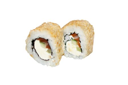 A piece of sushi rall isolated on white background. Japanese cuisine.の写真素材