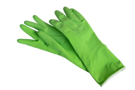 Green rubber gloves isolated on white background. Housework equipment. Arm's protection.の写真素材