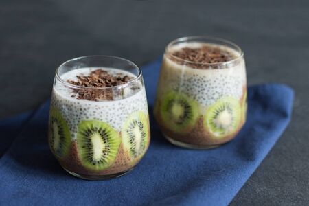 Chocolate and vanilla chia seed pudding with kiwi. Healthy food concept.