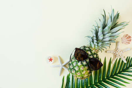 Funny pineapple with sunglasses, seashell and palm leaf on yellow pastel background top view. Summer background. Summer vacations.の写真素材