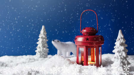 Christmas lantern on snow with snowy fir trees and white bear. Christmas greeting card.