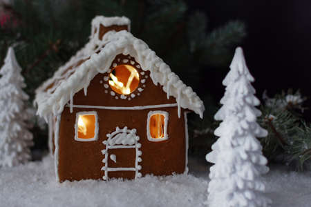 Creative winter composition with handmade gingerbread house. Beautiful Christmas greeting card.の写真素材