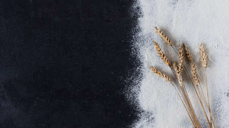 Sifted wheat flour over black surface with wheat top view. Baking background for your design.の写真素材