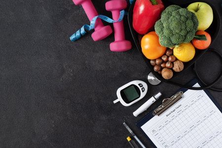 Healthy eating and sport plan for diabetes patients top view on black background. Diabetes concept background.の写真素材