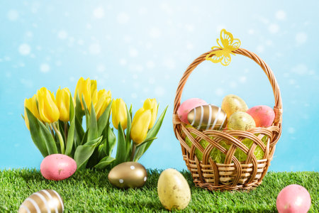 Basket of multicolored easter eggs with tulip flowers on green meadow over blue background with...