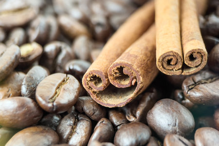 Roasted coffee beans with cinnamon sticks background closeup. Macro photo of coffee beans with cinnamon spice.の写真素材