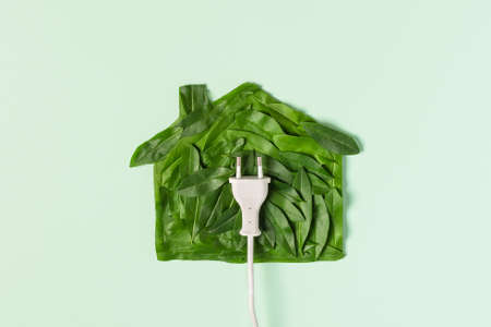 Symbol of green house made of leaves and a plug top view. Eco energy and energy saving concept.の写真素材