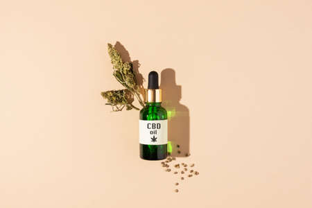 Cannabis oil extract in droplet bottle with dried hemp leaf and seeds on brown background top view. Medical marijuana cbd oil. Alternative medicine, herbal natural cannabis cosmetics.の写真素材