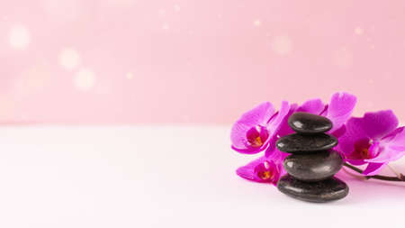 Orchid flower and black pebble spa stones over pink background. Beauty spa banner.の写真素材