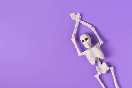 Halloween background with human skeleton on purple background top view. Halloween greeting card.の写真素材