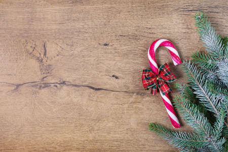 Christmas background with candy canes and Christmas tree on wooden board. Christmas greeting card.の写真素材