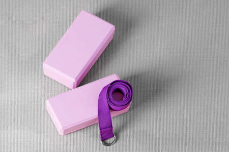 Yoga blocks, exercise mat and yoga belt for training. Yoga equipment.の写真素材