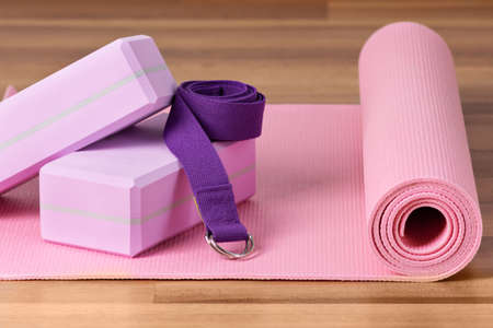 Yoga blocks, exercise mat and yoga belt for training. Yoga equipment.の写真素材