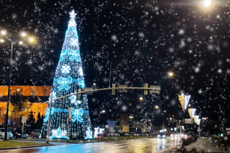 Illuminated Christmas tree outdoor. Christmas street lights.の写真素材