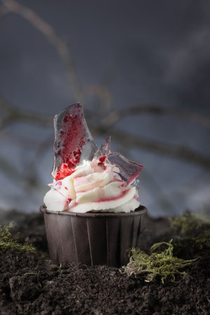 Halloween cupcake in a scary night. Halloween muffin. Halloween creative food.の写真素材