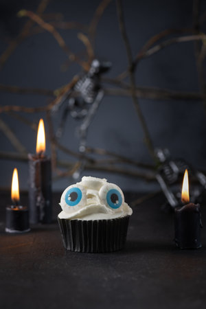 Halloween cupcake with buttercream. Halloween muffin. Halloween creative food.の写真素材