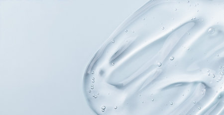 Serum gel smear on blue background. Cosmetic transparent gel serum texture.の写真素材