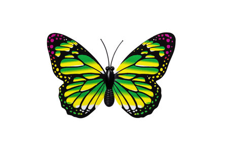 Yellow butterfly isolated on white background top view. Yellow butterfly with green and red spots as an element for design.の写真素材