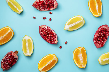 Creative layout summer fruits on turquoise background top view. Summer background.の写真素材