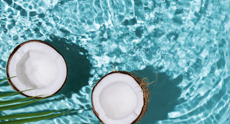 Summer background with coconuts on water background with water splashes. Creative summer background for design. Coconut cosmetics.の写真素材