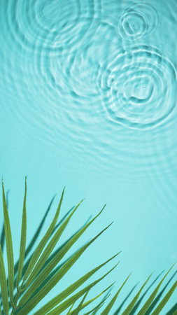 Water background with palm leaf top view. Tropical summer background for design. Travel holiday.の写真素材
