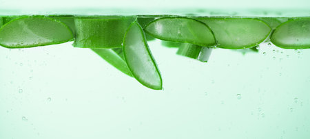 Sliced aloe vera in the water with water drops. Aloe vera slices in aloe vera gel. Alternative beauty treatment. Herbal medicine.の写真素材
