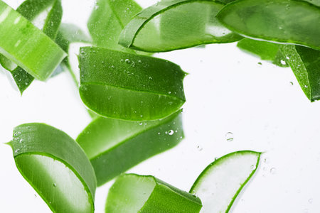 Sliced aloe vera in the water with water drops. Aloe vera slices in aloe vera gel.の写真素材