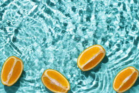 Creative summer background with orange fruit slices in swimming pool water. Summer wallpaper with copy space.の写真素材