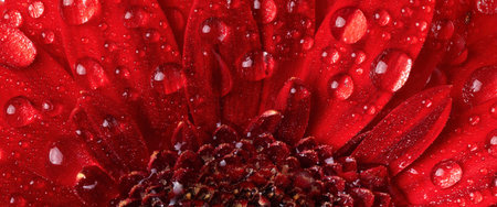 Red gerbera flower petals with water drops close up. Macro photography of gerbera flower petals with dew.の写真素材