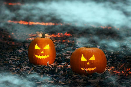 Halloween Jack o'lantern pumpkin in a spooky forest at night. Halloween holiday background. Halloween pumpkin in mystery woodland.の写真素材