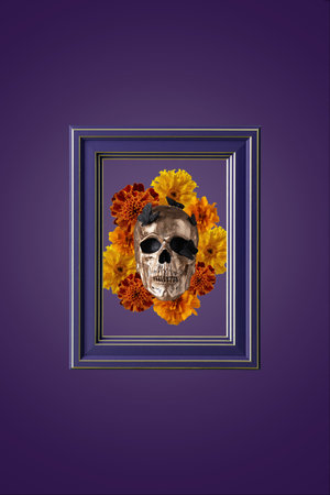 Day of the dead, Dia De Los Muertos greeting card. Creative Halloween portrait with skull and marigold flowers.の写真素材