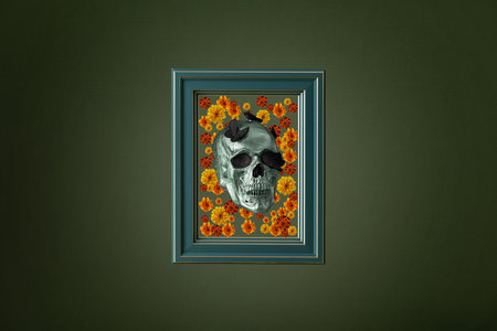 Day of the dead, Dia De Los Muertos greeting card. Creative Halloween still life with skull and marigold flowers.の写真素材