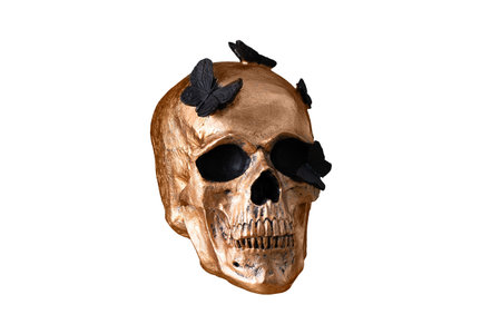 Skull figurine for holiday isolated on white background. Golden skull for halloween or day of dead holiday design.の写真素材