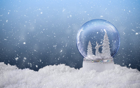 Christmas snow globe with reindeer and frozen snowy fir tree inside. Christmas greeting card with magic snow globe decoration and snow falling. Christmas backgroundの写真素材