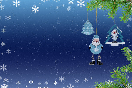 Christmas wooden ornaments on blue background. Christmas and New Year background. Christmas greeting card.の写真素材
