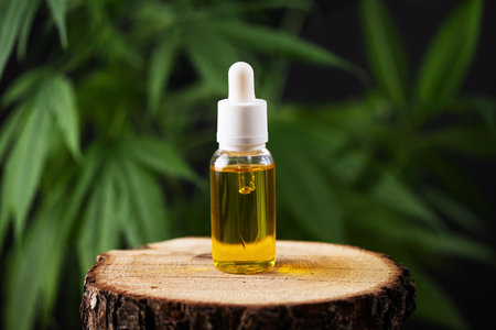 CBD hemp oil in a bottle against cannabis leaf background. Hemp herbal alternative medicine.の写真素材