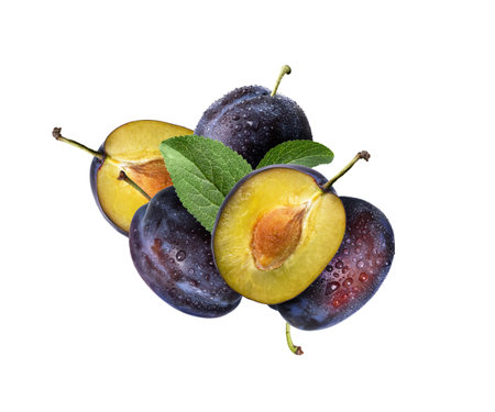 Plum fruits and leaves isolated on white background. Heap of plum fruits for design.の写真素材