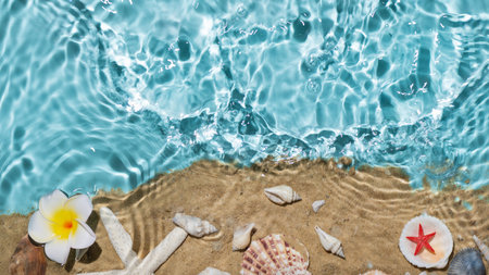Sea water, sand and seashells background. Summer beach. Summer background.の写真素材