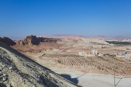 Rows of desert agricultural plants in a mountain valley, buildings and blue sky