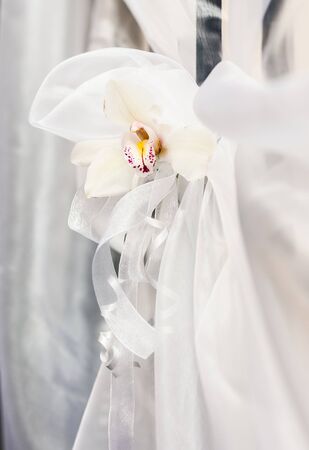 Wedding decoration element, white ribbon, tulle, and orchid flowerの写真素材