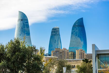 Baku, Azerbaijan, Novemver 07.2016: Flame Towers, the symbol of the capital of Azerbaijan, with...